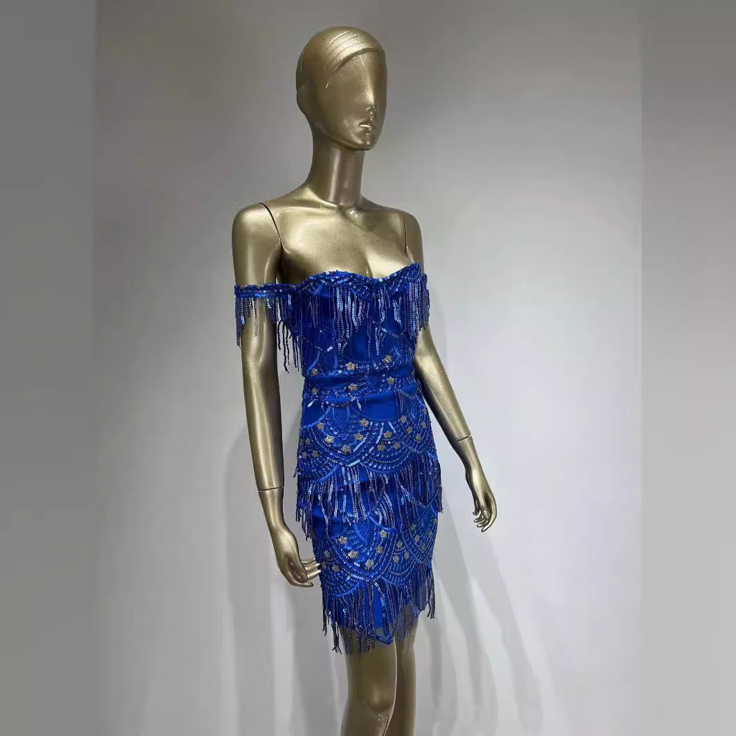 Robe de soirée à franges perlées de Style ethnique bleu pour femmes