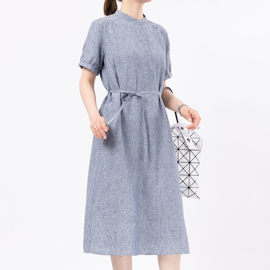 Short Sleeve Linen Dress Women Loose Casual Lace Up Midi Skirt