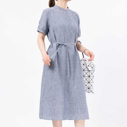 Robe en lin à manches courtes pour femmes, jupe mi-longue ample et décontractée à lacets