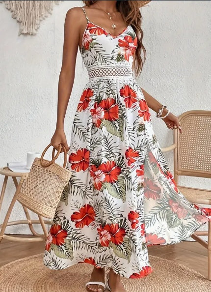 Womens Spring Summer Chic Maxi Dress - Adjustable Spaghetti Straps, Floral Print, Elegant High Slit - Versatile Day-to-Night Wear