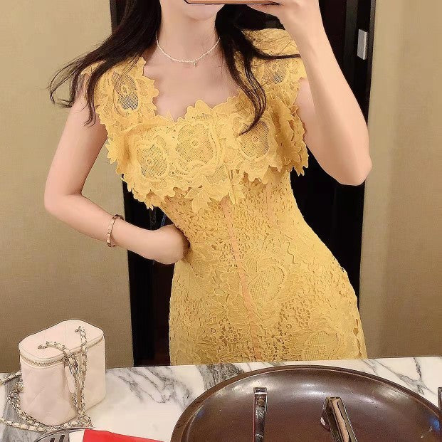 Large Flower Cut Elegant Waist A Line Daily Dress