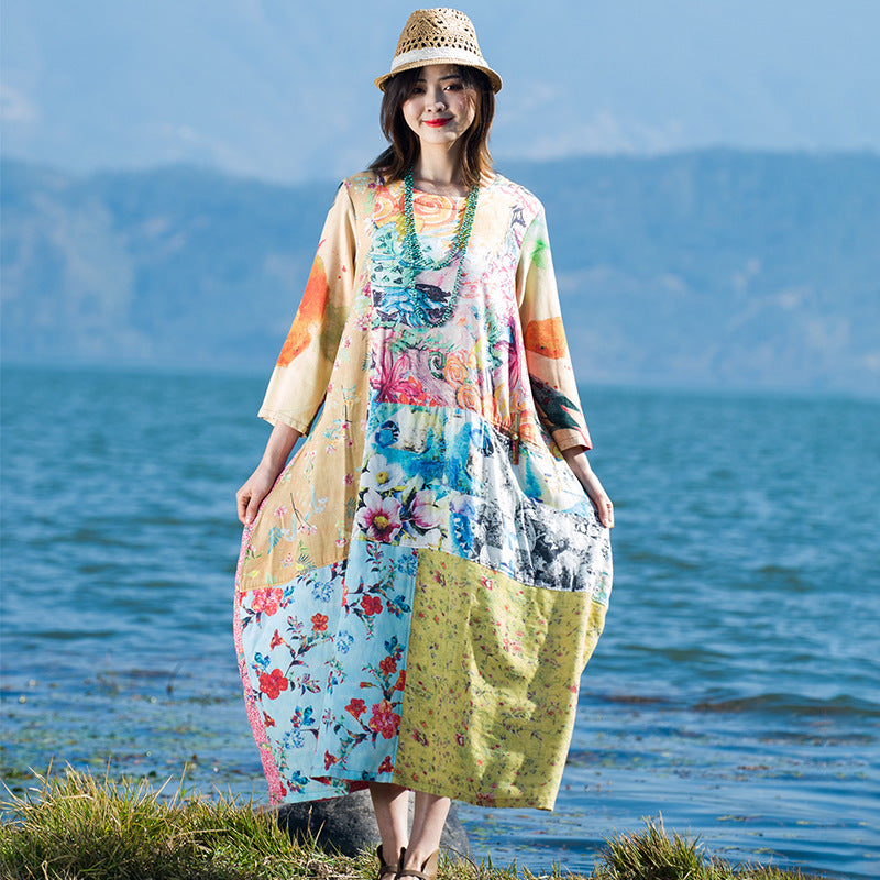 Vestido de algodón y lino Vestido estampado con costuras para mujer