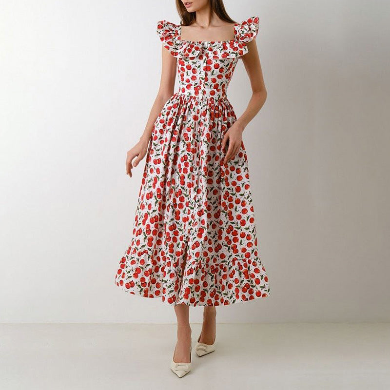 Robe florale française à col carré pour femmes