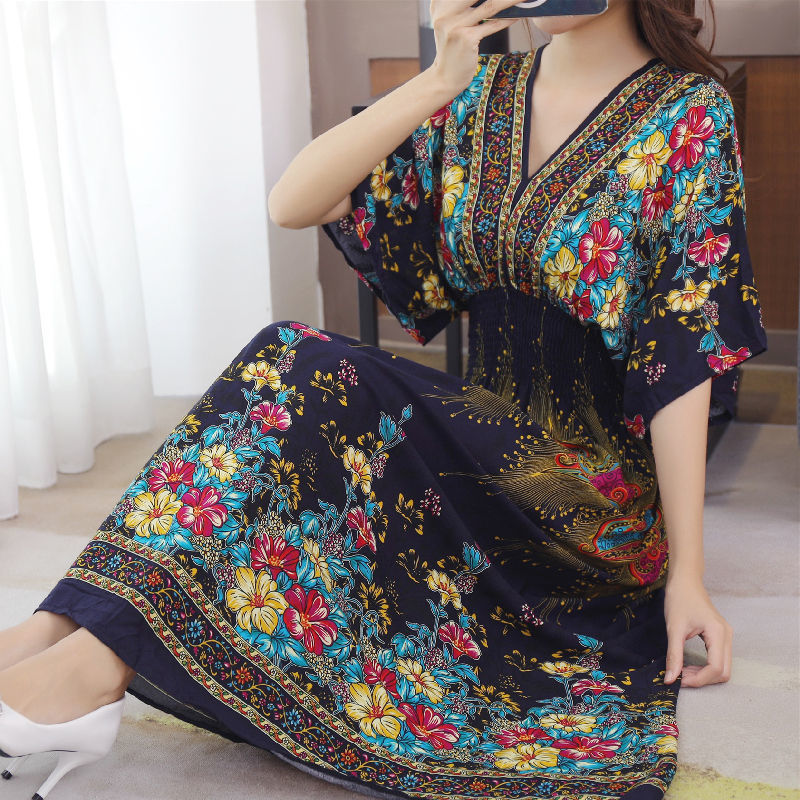 Women's Vintage Printed Cotton Silk Floral Dress