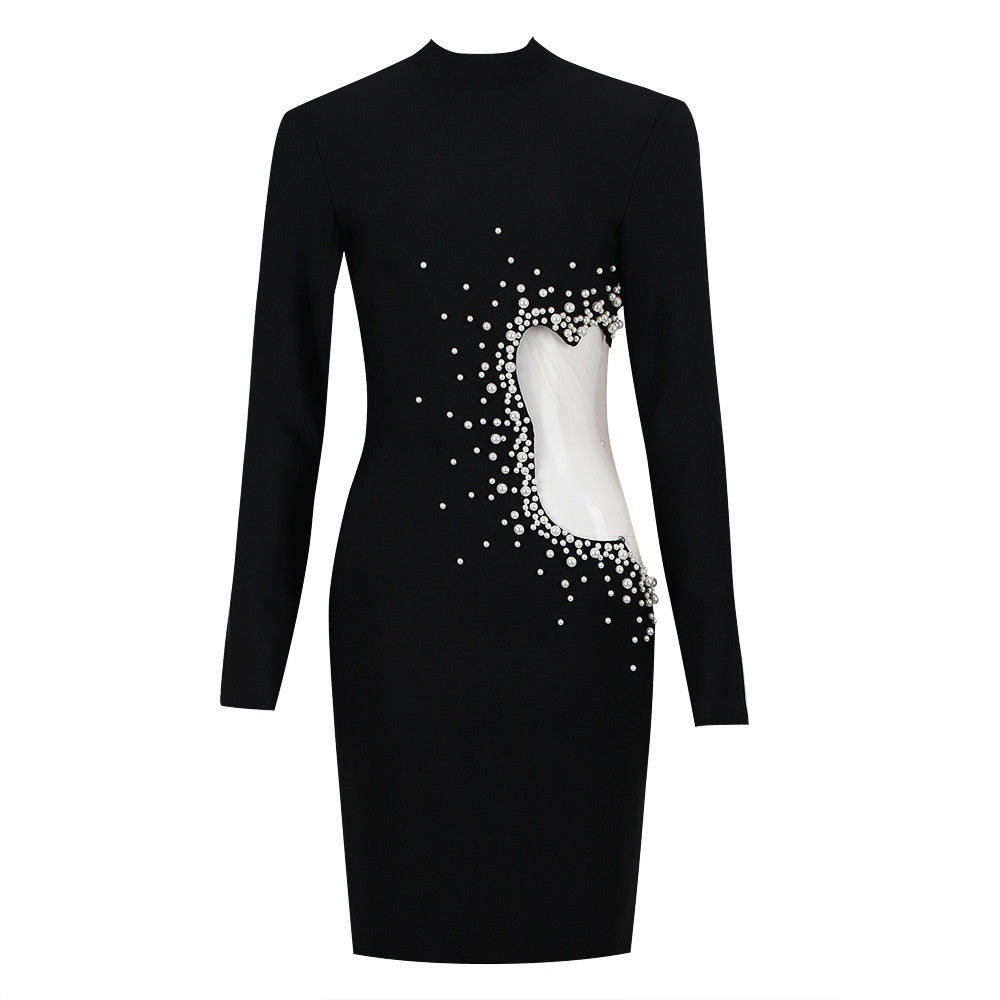 Black Fashion Temperament Mesh Stitching Bandage One-piece Dress Long Sleeve Dress