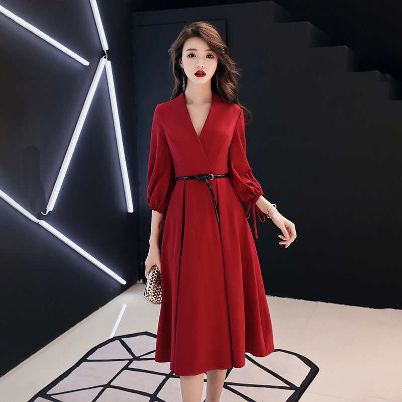 Robe de soirée rouge à manches longues pour mariage, fiançailles, remerciement