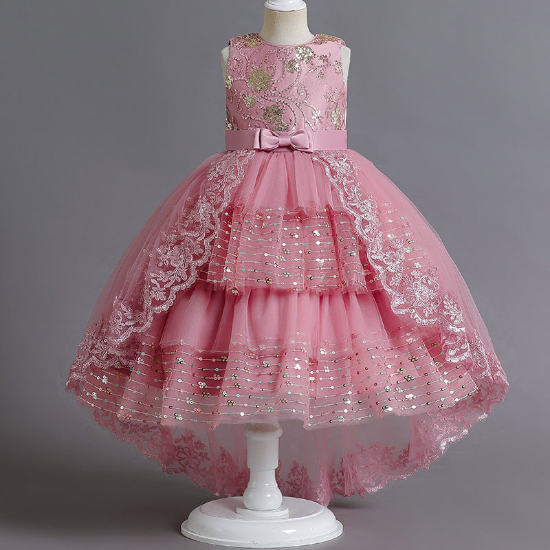 Robe pour filles brodée à paillettes et fleurs traînées