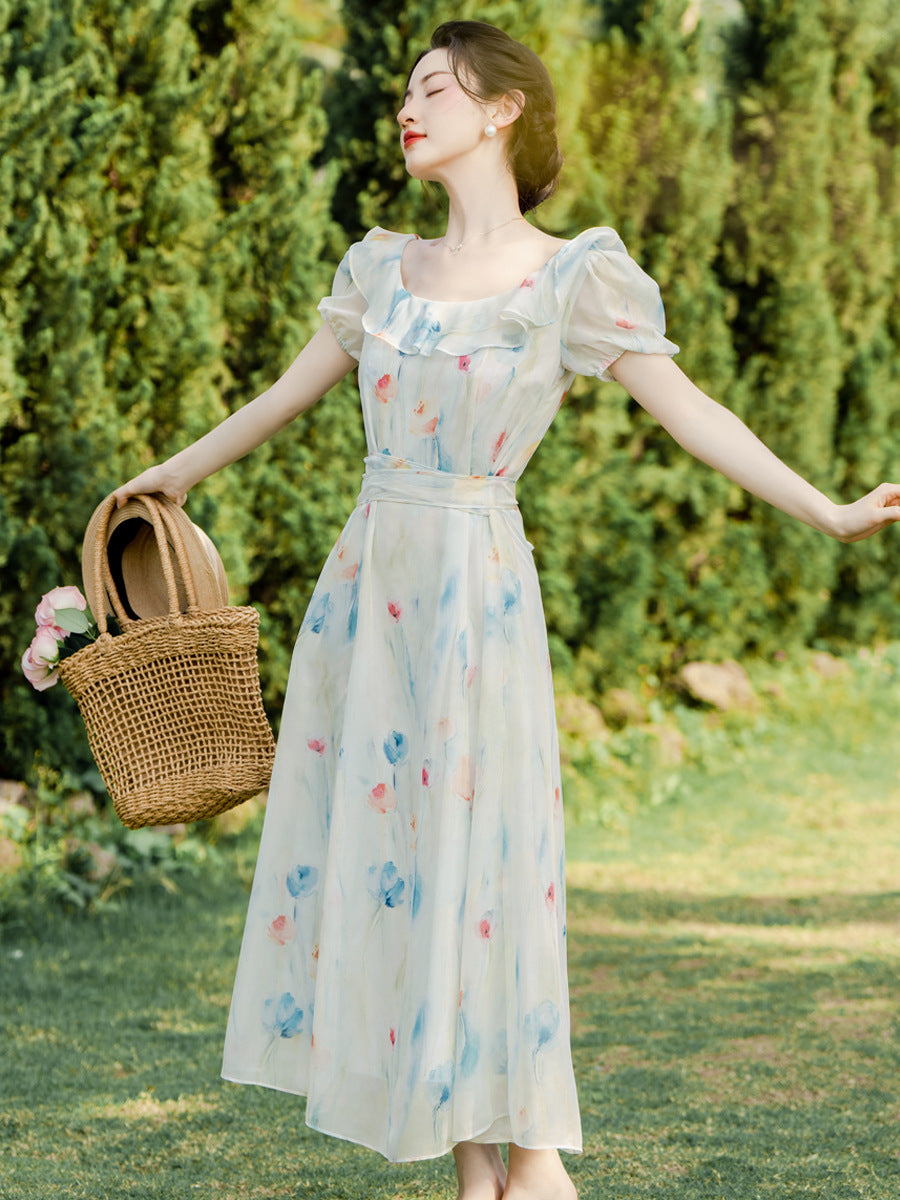 Robe en mousseline de soie fleurie française pour femme