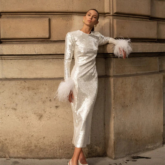 Robe à paillettes et manches longues pour femmes, col ras du cou, plumes, décontractée, à la mode