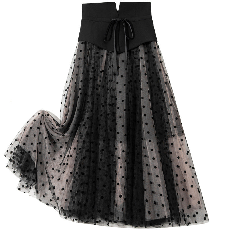 Bow Contrast Color Polka Dot Fake Waist Seal Skirt