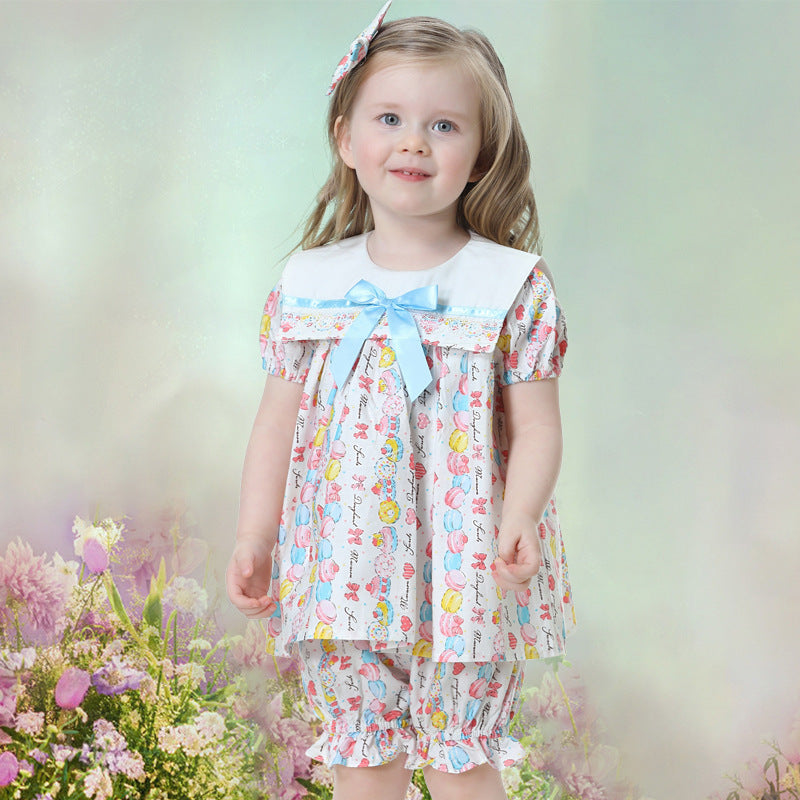 Summer New Children's Lapel Princess Dress Macaron Print Two Piece Set