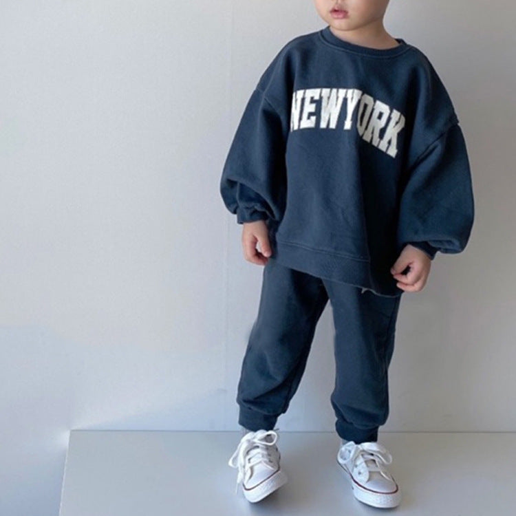 Letter Print Long-sleeved Pullover Sweater And Trousers Suit For Boys And Girls