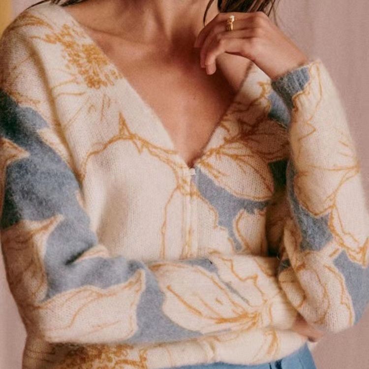 Abrigo tipo suéter con estampado floral y cuello en V estilo inactivo de Mohair para otoño e invierno para mujer