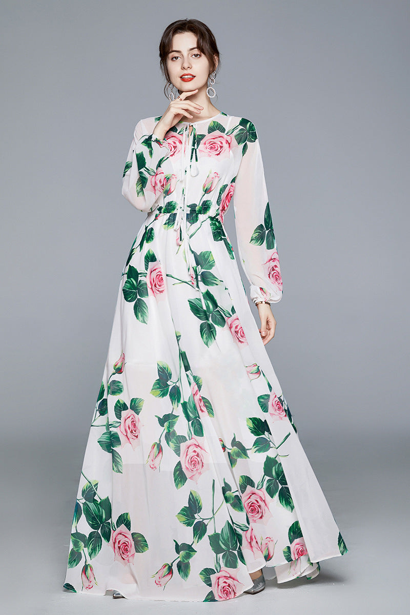 Robe trapèze à fleurs roses, robe élégante en mousseline imprimée