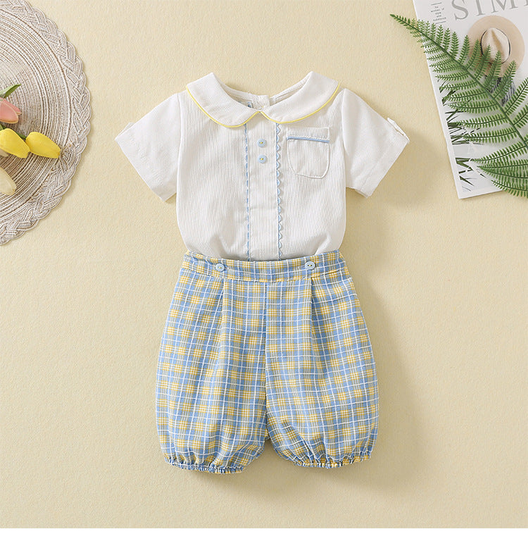 Children's Short-sleeved Shirt Plaid Shorts Handsome Set