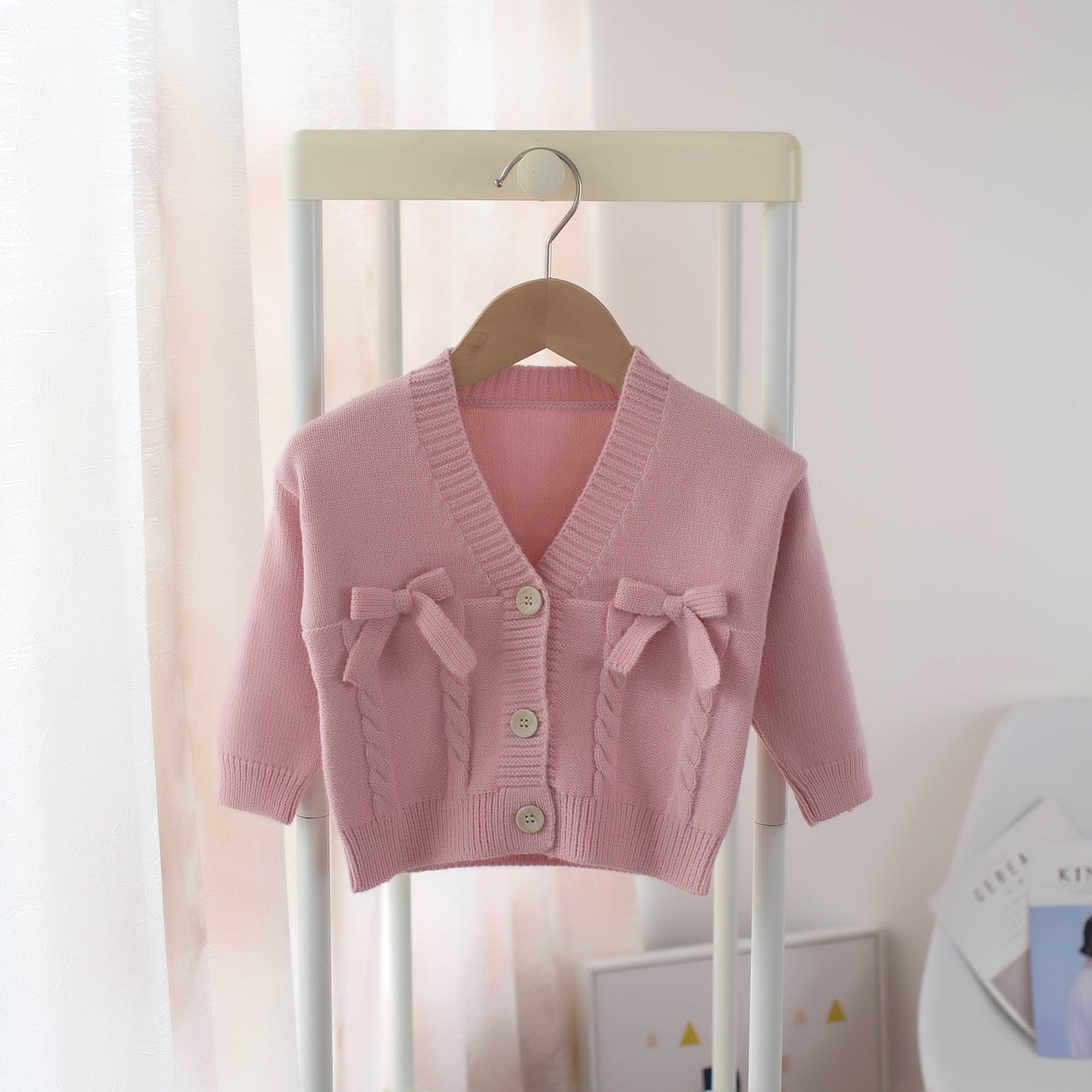 Cardigan à col en V pour filles avec nœud papillon, pull pour enfants