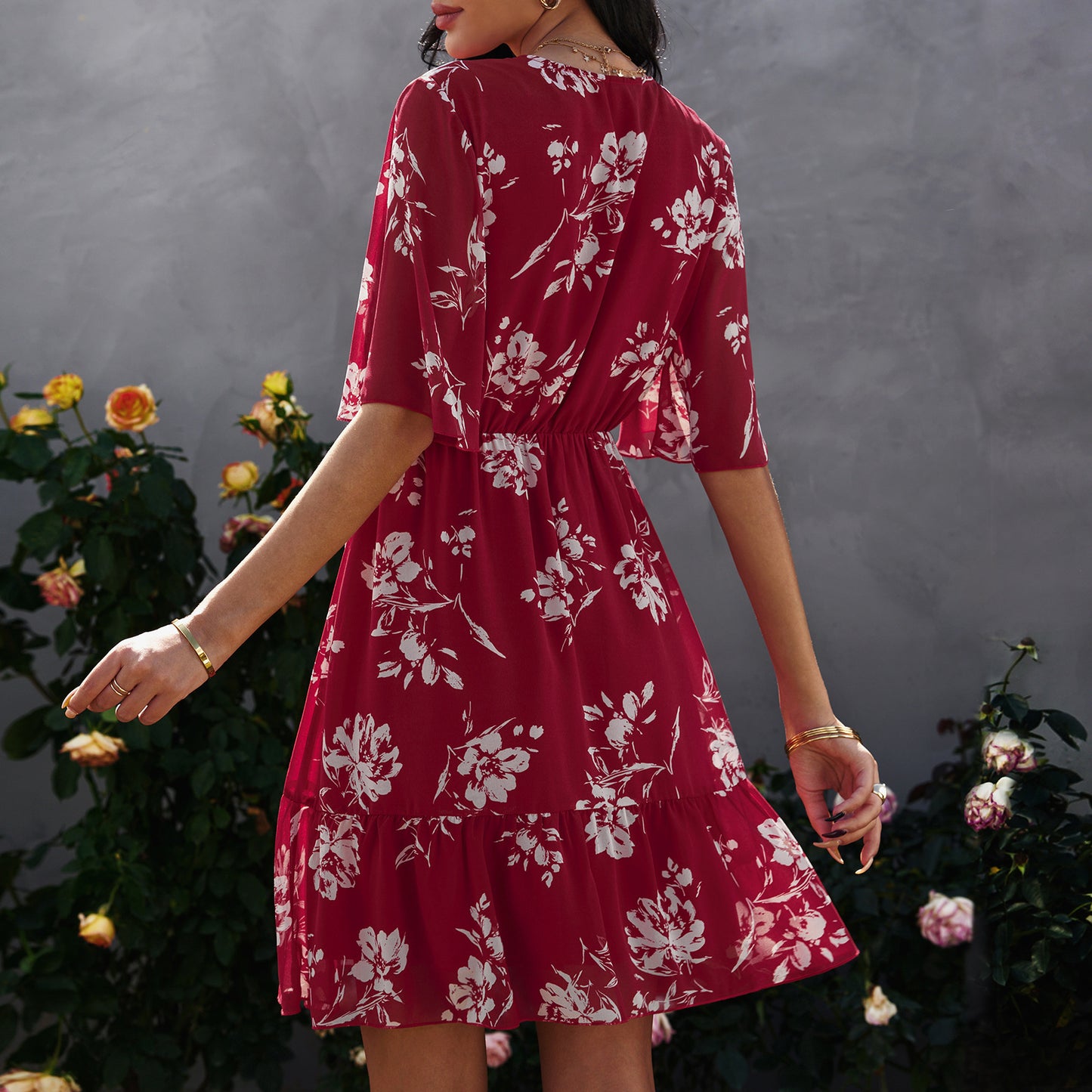 V-neck Ruffled Floral Chiffon Dress