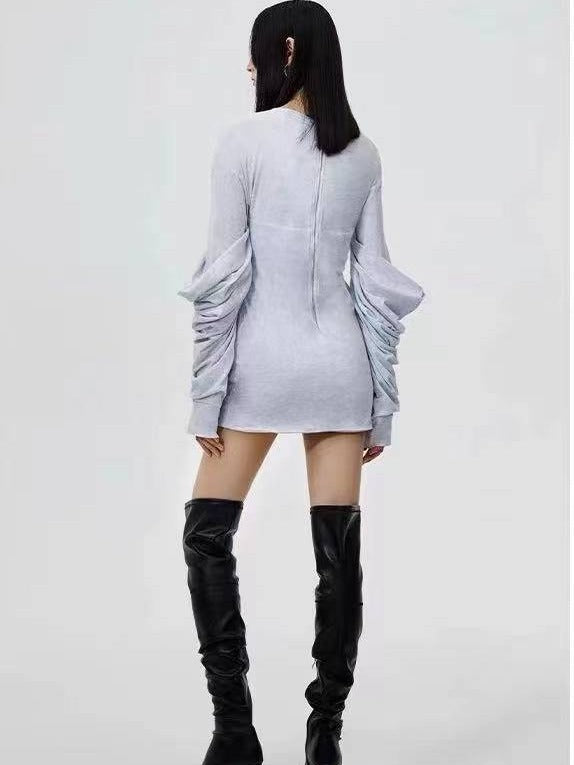 Simple Round Neck Long Sleeve Stitching Pile Style Design Solid Color Dress