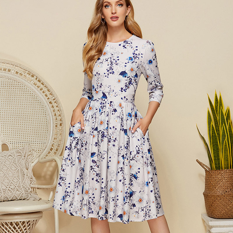 Robe plissée florale à col rond pour femmes