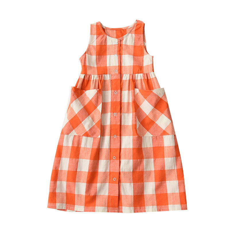 Children's Cotton Plaid Crew Neck Tank Top Dress