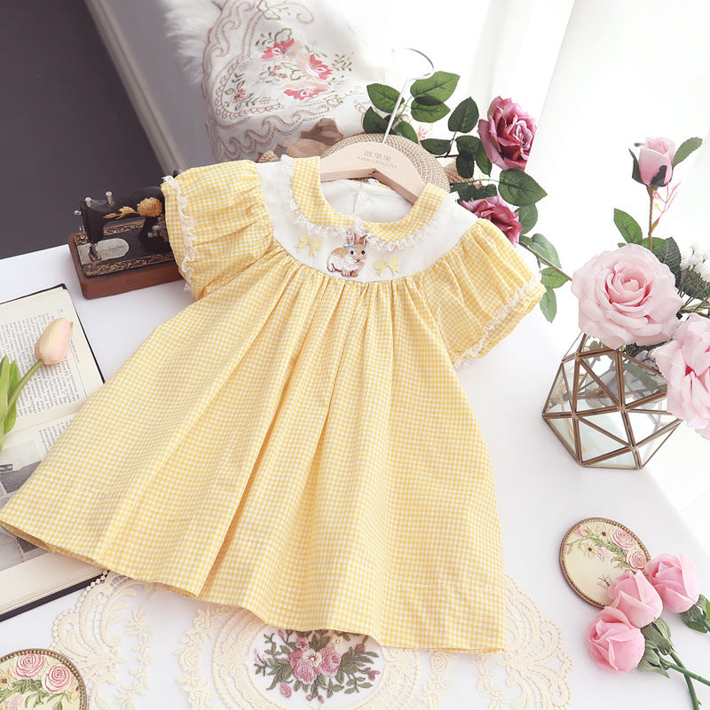 Fashion Kids Yellow Plaid Embroidery Retro