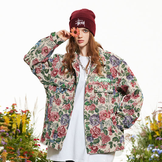 Veste ample à fleurs teints en fil, style rétro américain, entièrement imprimé, manteau ample