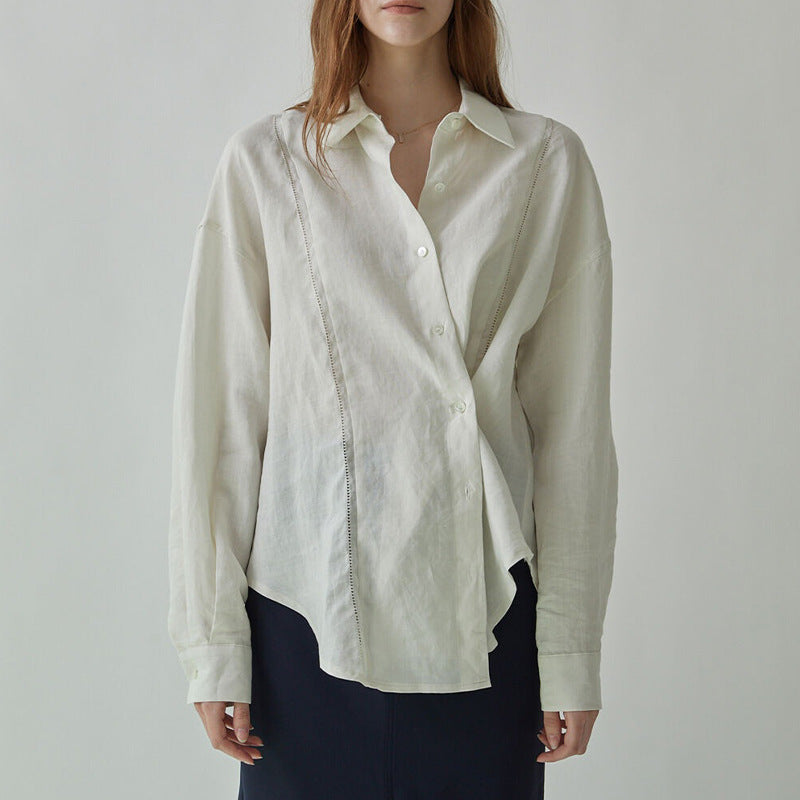 Linen Shirt French Hollow Embroidered Loose Long Sleeve Blouse