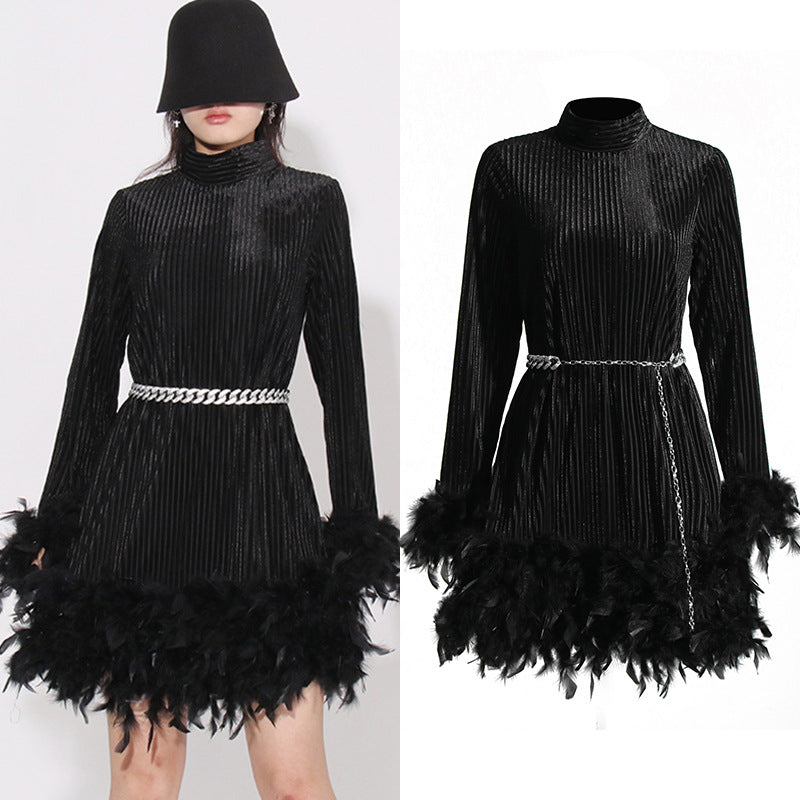 Fashion Retro Style Niche Spring Stand Collar Long Sleeve Chain Feather Dress