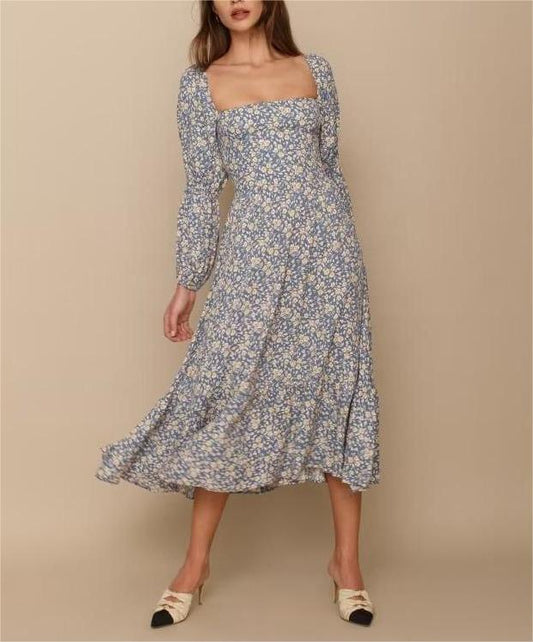 Robe vintage à manches longues et col carré avec petits motifs floraux et poignets élastiques dans le dos