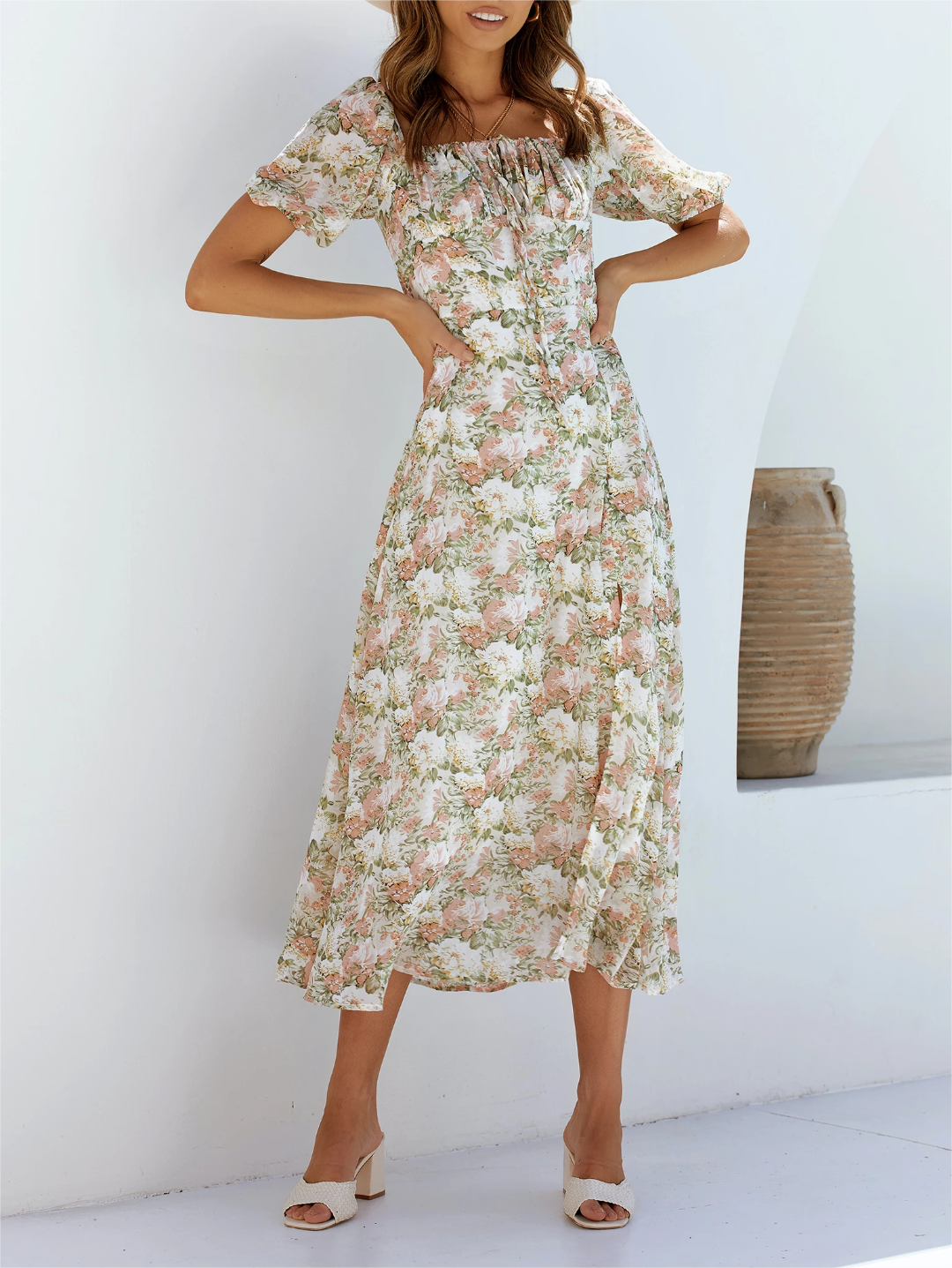 Vestido holgado con abertura y estampado floral para mujer, ropa de verano