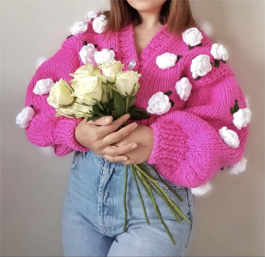 Autumn Winter Elegant Handmade Cute Floral Sweater Coat Women