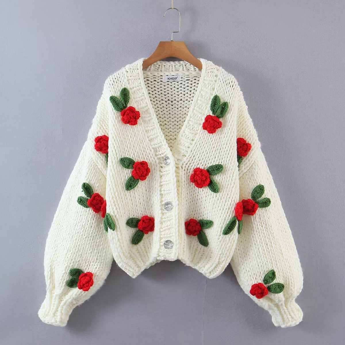 Automne hiver élégant à la main mignon pull à fleurs manteau femmes