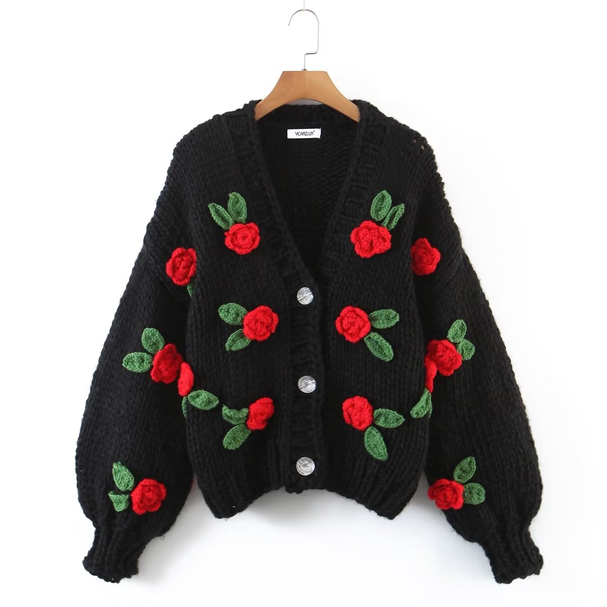 Autumn Winter Elegant Handmade Cute Floral Sweater Coat Women