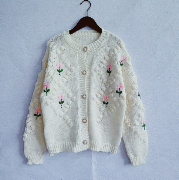 Autumn Winter Handmade Crocheted Embroidery Twist Pearl Buckle Knitted Sweater Cardigan Coat