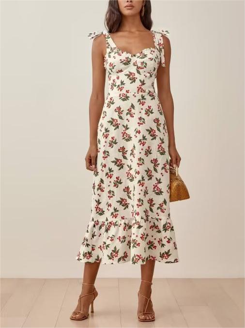 Summer Floral Print Ruffles Sexy Slimming Beam Waist Strap Dress