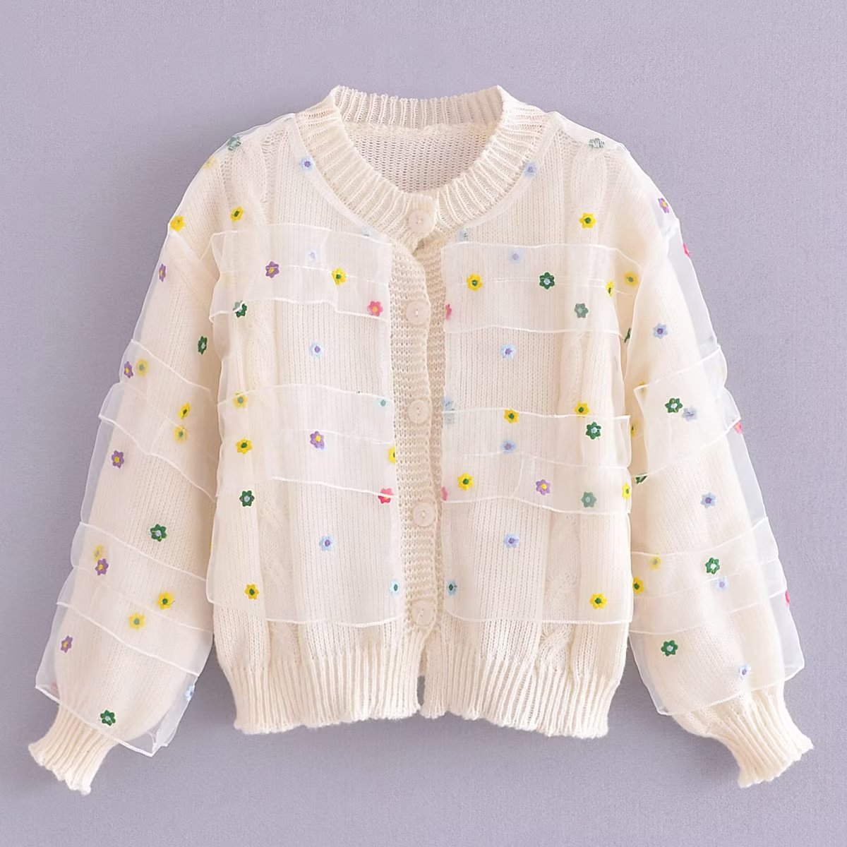 Cute Youth Looking Stitching Gauze Knitting Cardigan Women Early Spring Niche Color Floral Sweater