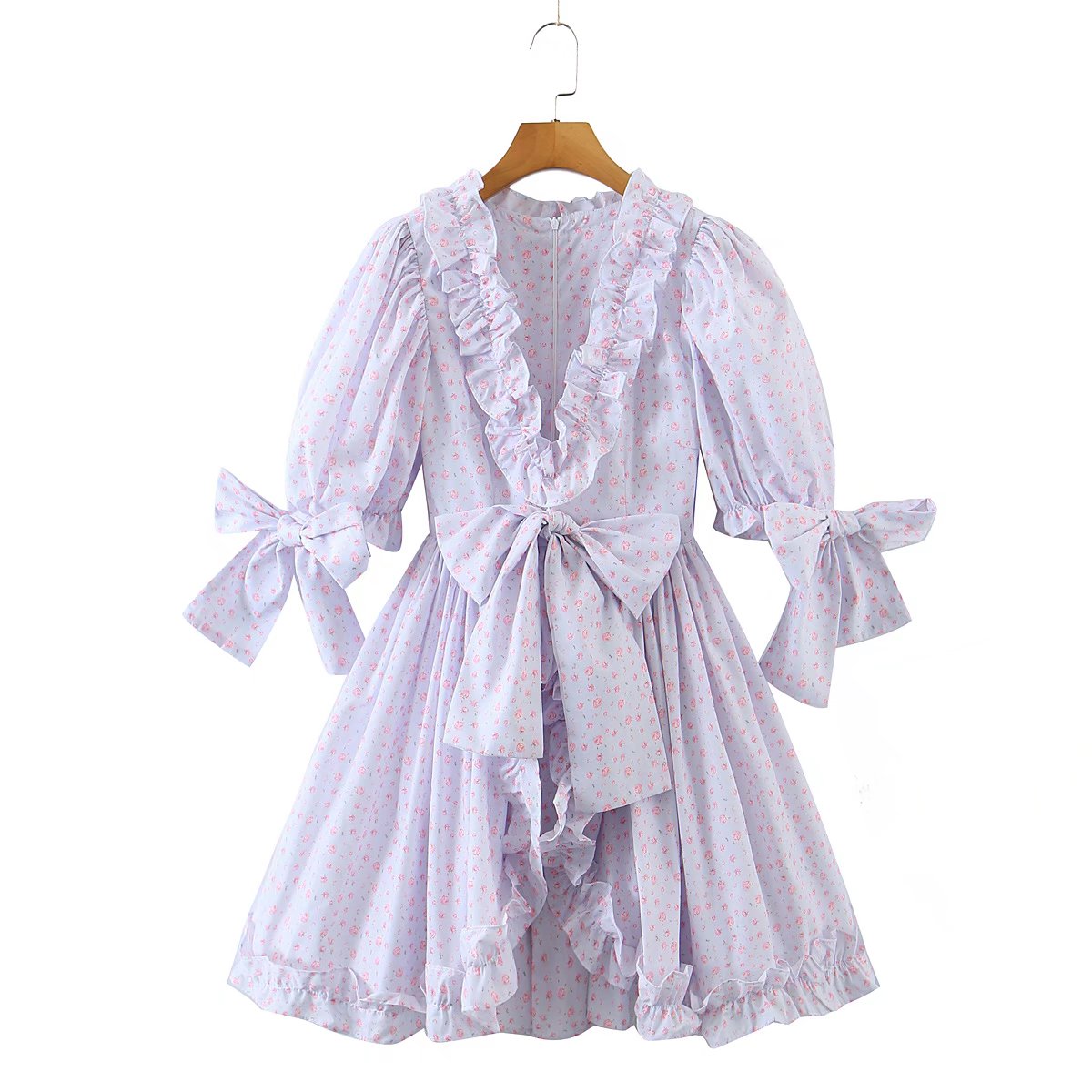 Robe d'été imprimée française, avec nœud à volants, col en V, courte