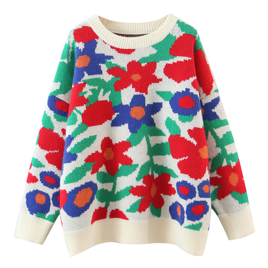 Autumn Winter Loose Pullover Floral Knitted Top Long Sleeve Lazy Sweater Women