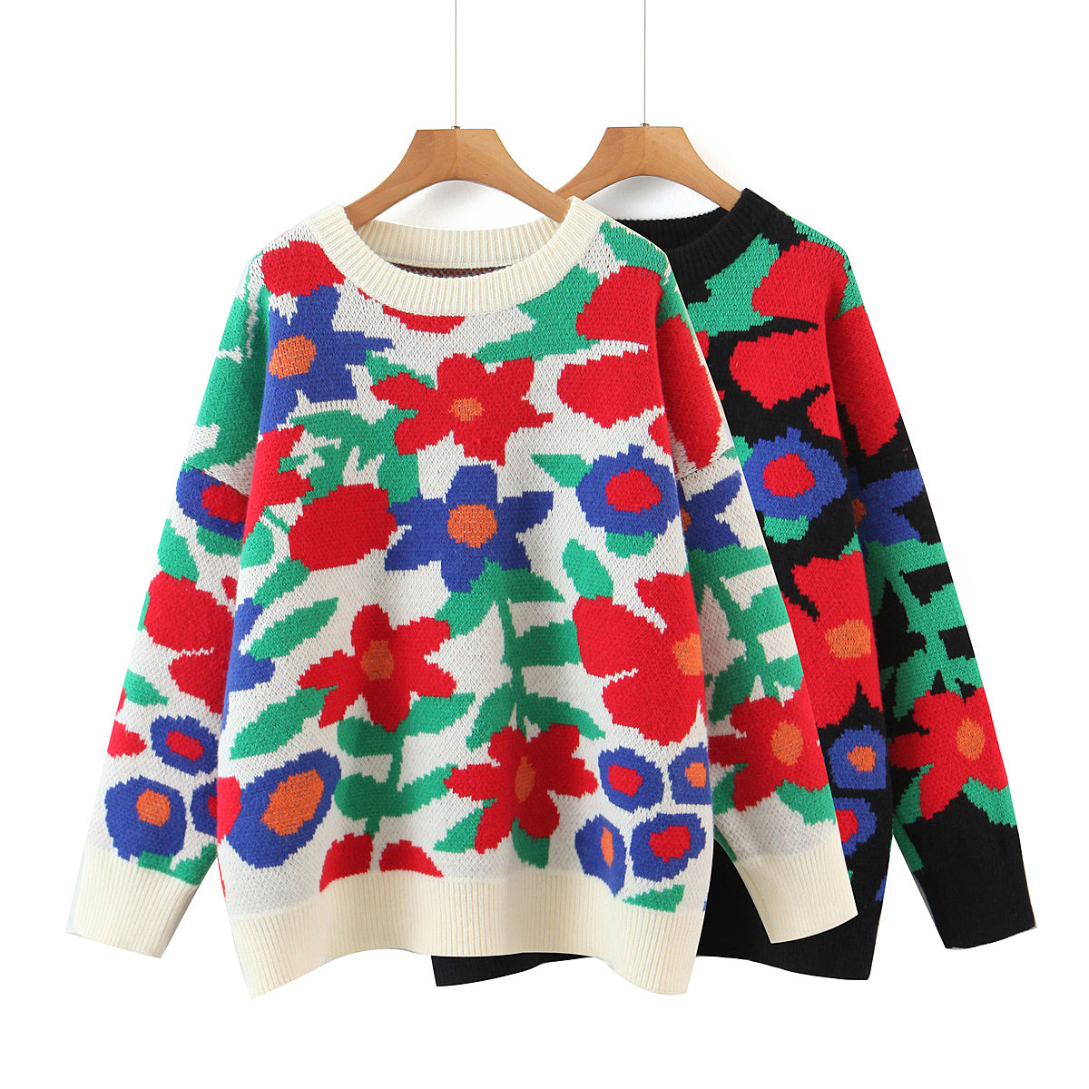 Otoño Invierno Jersey suelto Floral tejido Top manga larga perezoso suéter Mujer