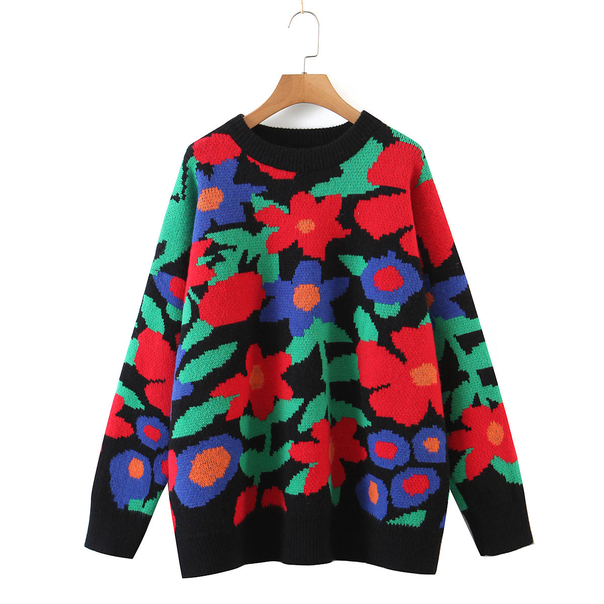 Autumn Winter Loose Pullover Floral Knitted Top Long Sleeve Lazy Sweater Women