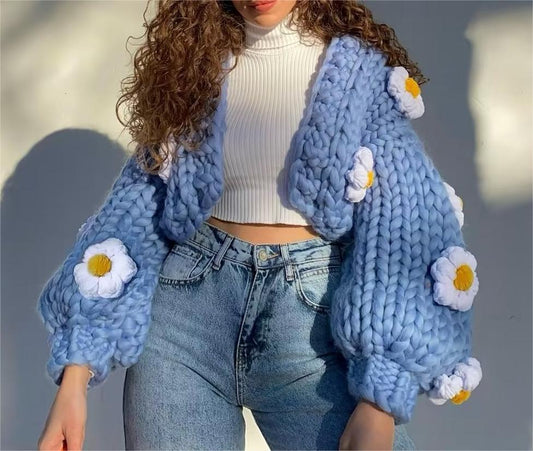 Autumn Three Color Handmade Puff Floral Thick Thread Sweater