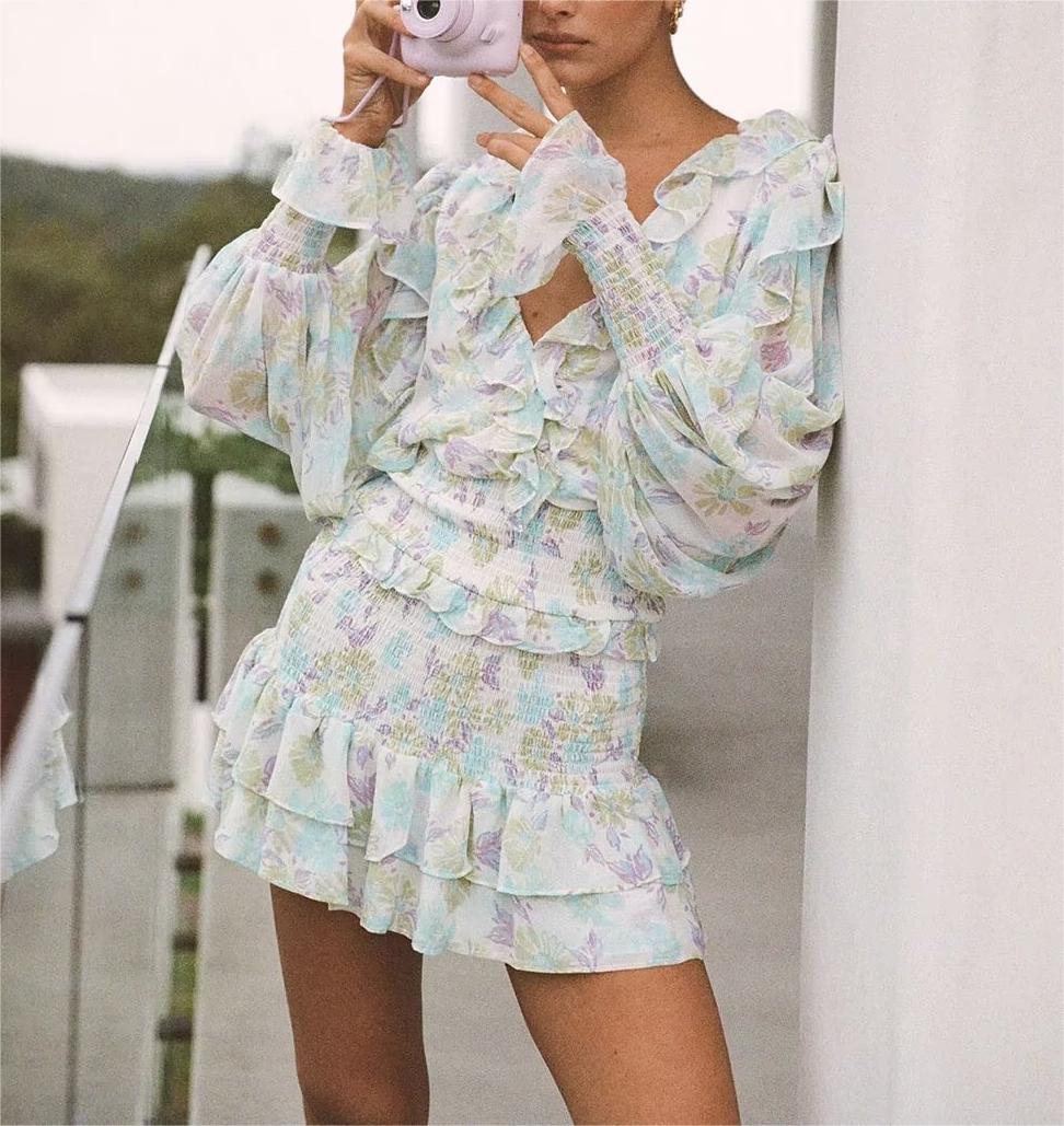 Autumn Winter Women Clothing Ruffled Printed Elastic Long Sleeved Dress Short