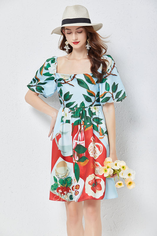 Women Summer Positioning Print Square Neck Three Dimensional Puff Sleeve Dress Slim High Waist Dress