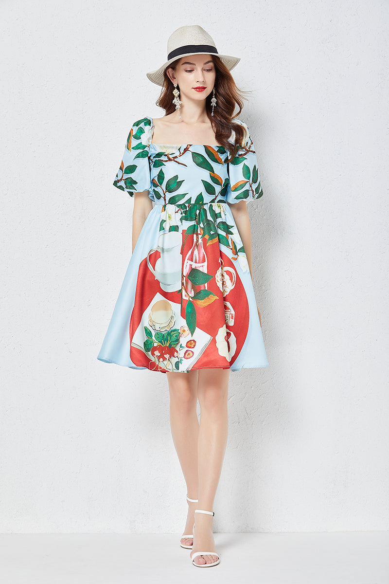 Women Summer Positioning Print Square Neck Three Dimensional Puff Sleeve Dress Slim High Waist Dress