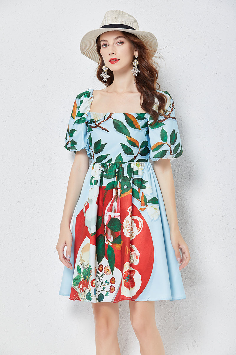 Women Summer Positioning Print Square Neck Three Dimensional Puff Sleeve Dress Slim High Waist Dress