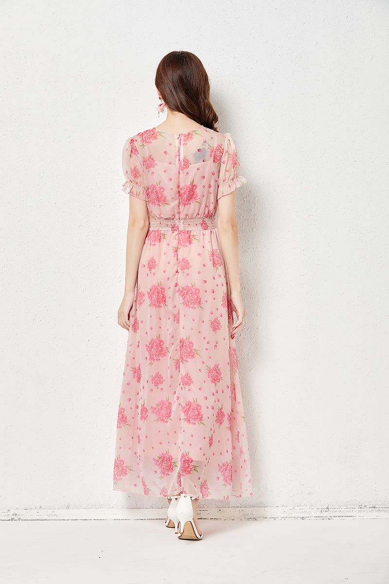 Vestido de hada para mujer, de seda sintética, ligero y elegante, con cintura elástica grande, vestido largo con estampado rosa y bufanda de seda