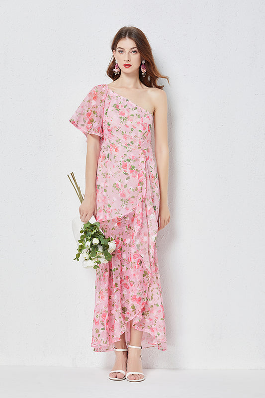 Femmes Sexy épaule inclinée coeur coupe fleur imprimé asymétrique une épaule coupe ajustée taille robe à volants