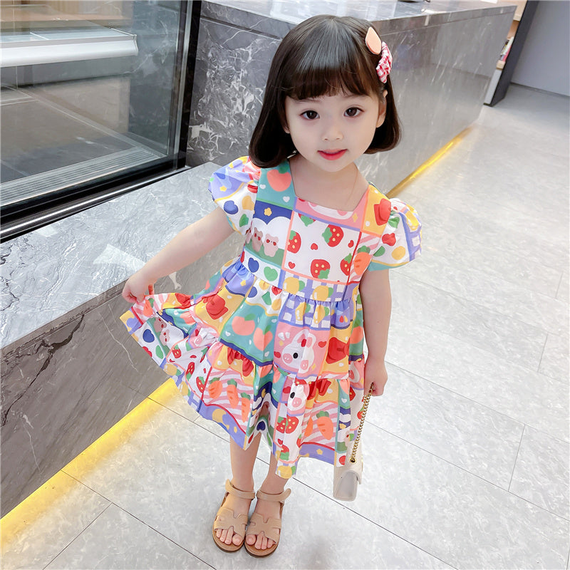 Children's Chiffon Cute Rabbit Graffiti Puff Sleeve Dress