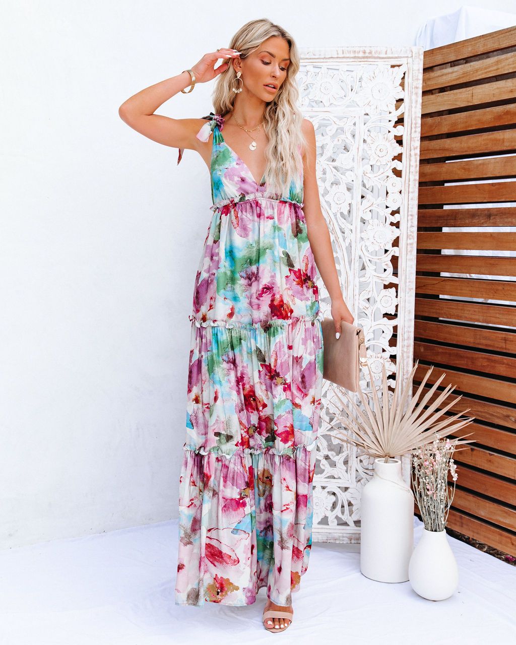 Vestido largo con orejas de madera y correa con estampado Tie Dye nuevo para vacaciones de verano para mujer