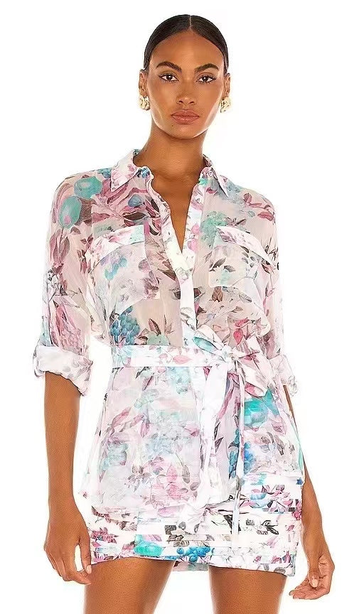 Conjuntos de falda camisera floral corta regular con cinturón elegante para mujer